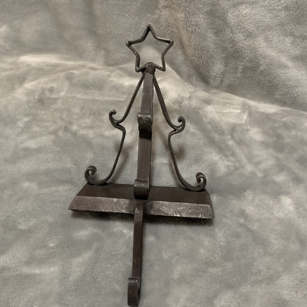 Vtg Rustic Cast Iron Christmas Tree Stocking Holder Stand Star Top Mantle Decor